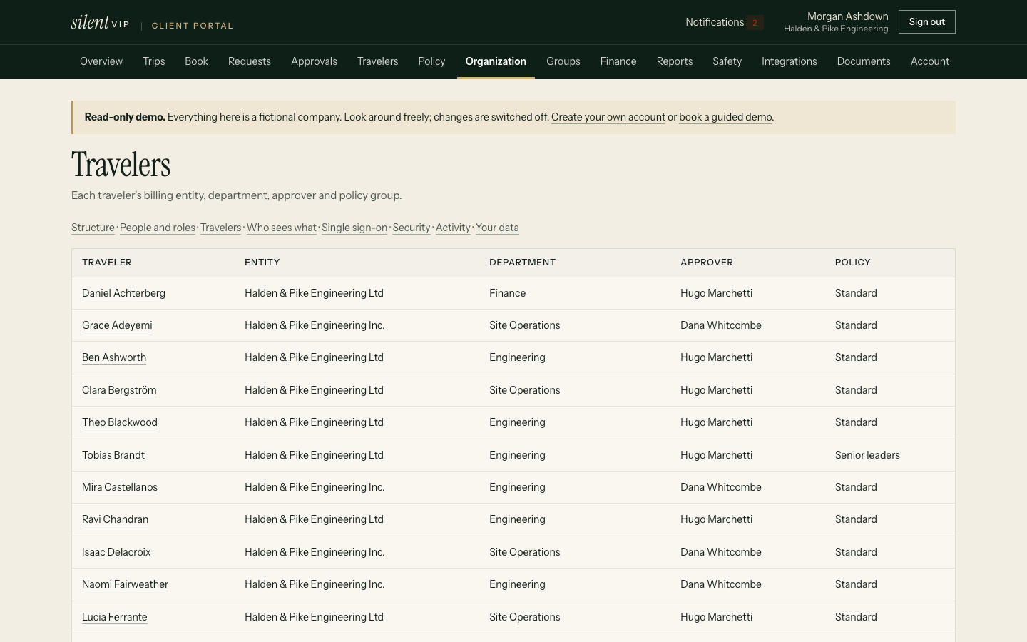 silentVIP portal: Travelers, showing Traveler, Entity, Department, Approver, Policy. Demo data for a fictional company.