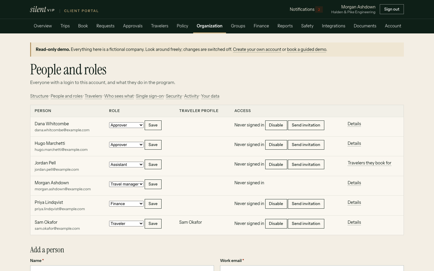 silentVIP portal: People and roles, showing Person, Role, Traveler profile, Access, Actions. Demo data for a fictional company.