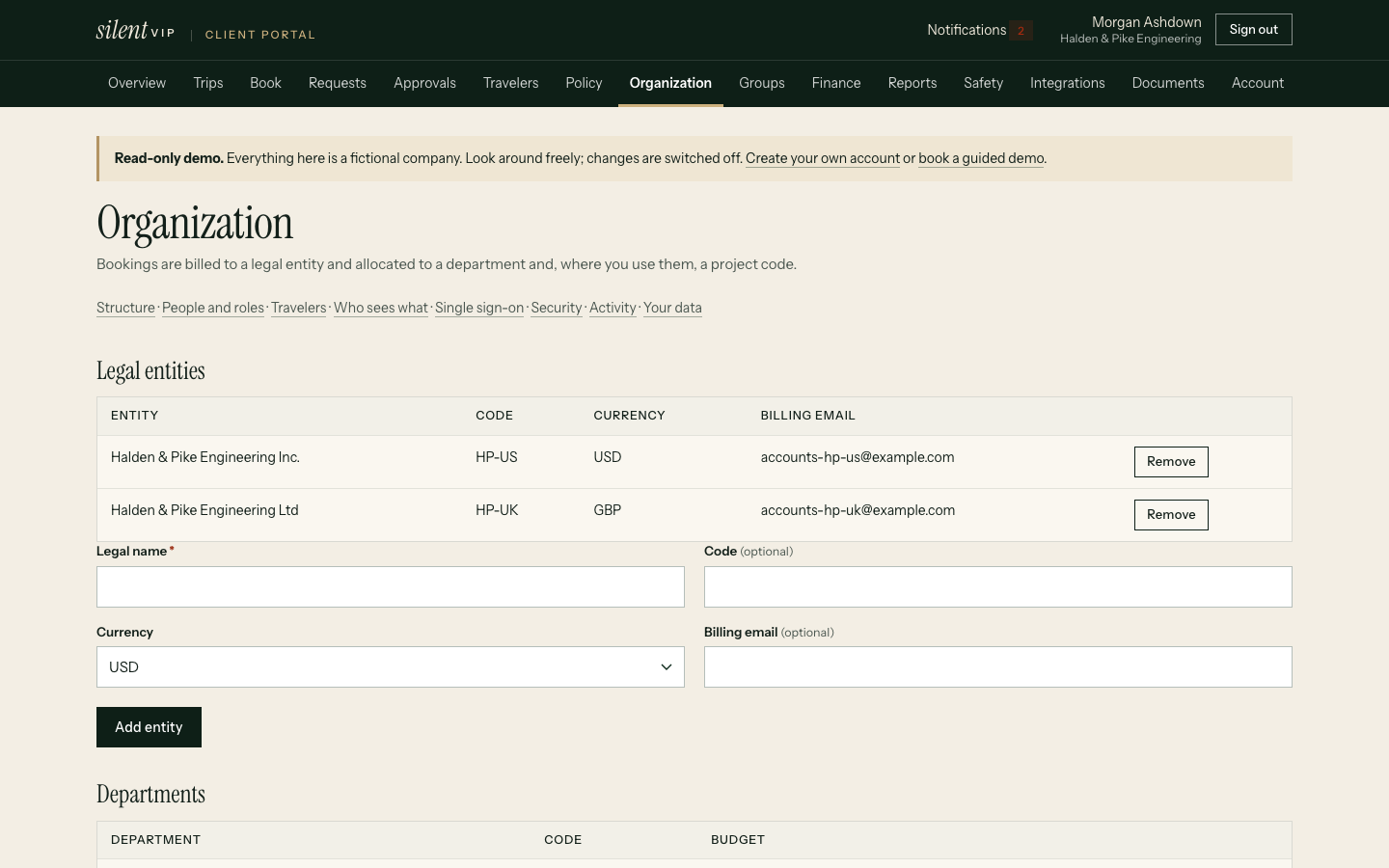silentVIP portal: Organization, showing Legal entities, Entity, Code, Currency, Billing email. Demo data for a fictional company.