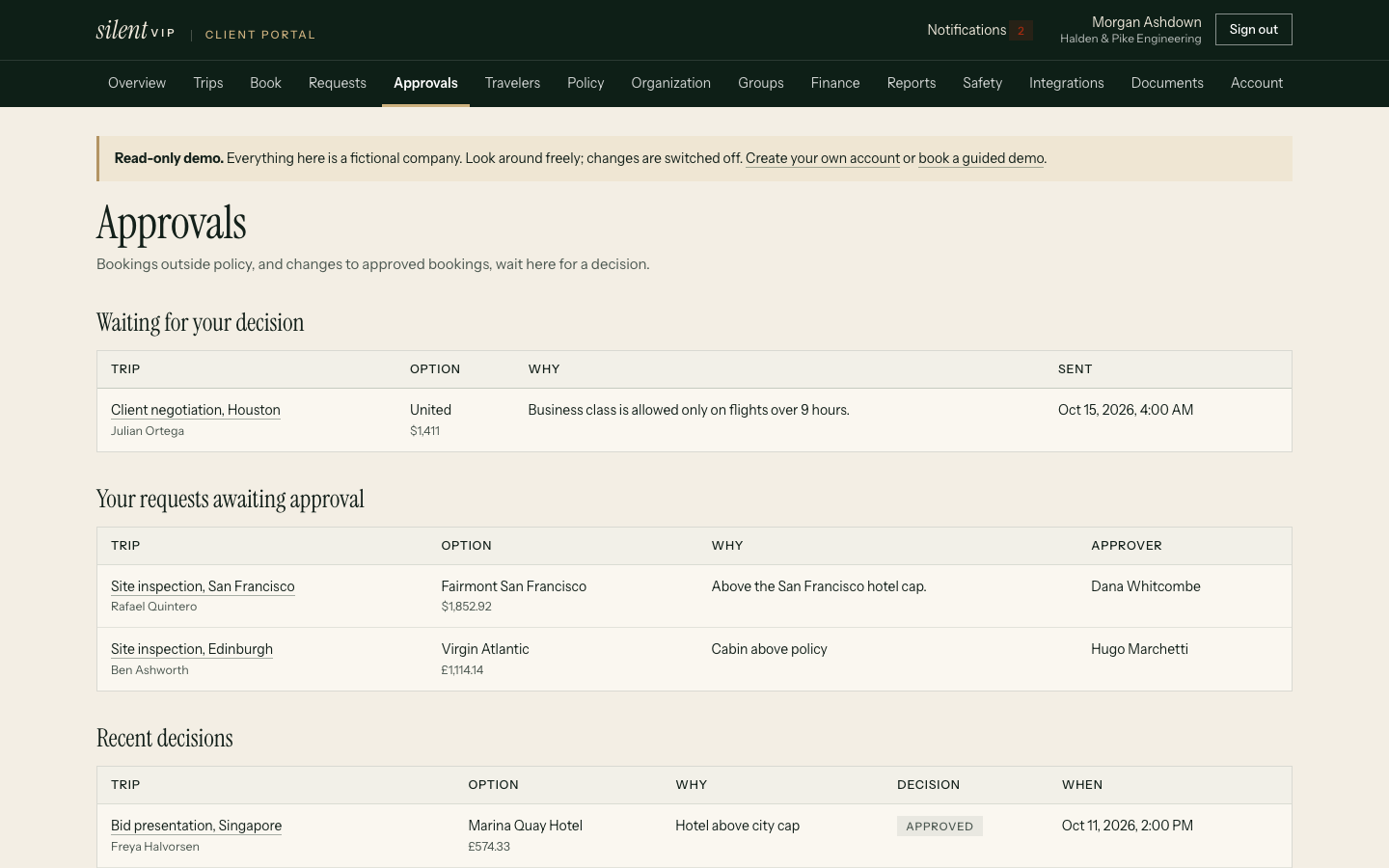 silentVIP portal: Approvals, showing Waiting for your decision, Trip, Option, Why, Sent. Demo data for a fictional company.