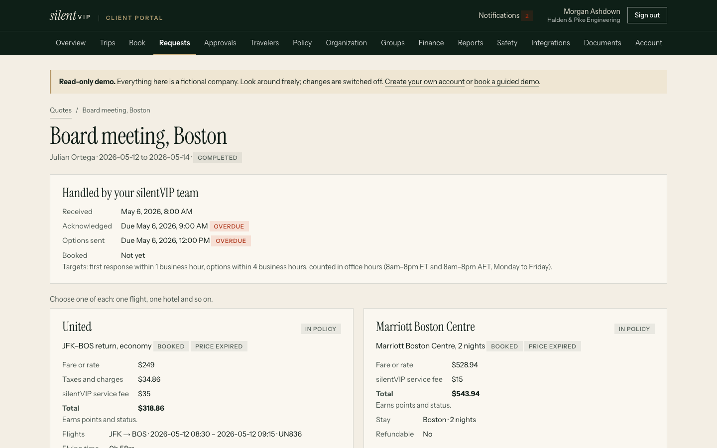 silentVIP portal: Board meeting, Boston, showing Handled by your silentVIP team, United, Marriott Boston Centre. Demo data for a fictional company.