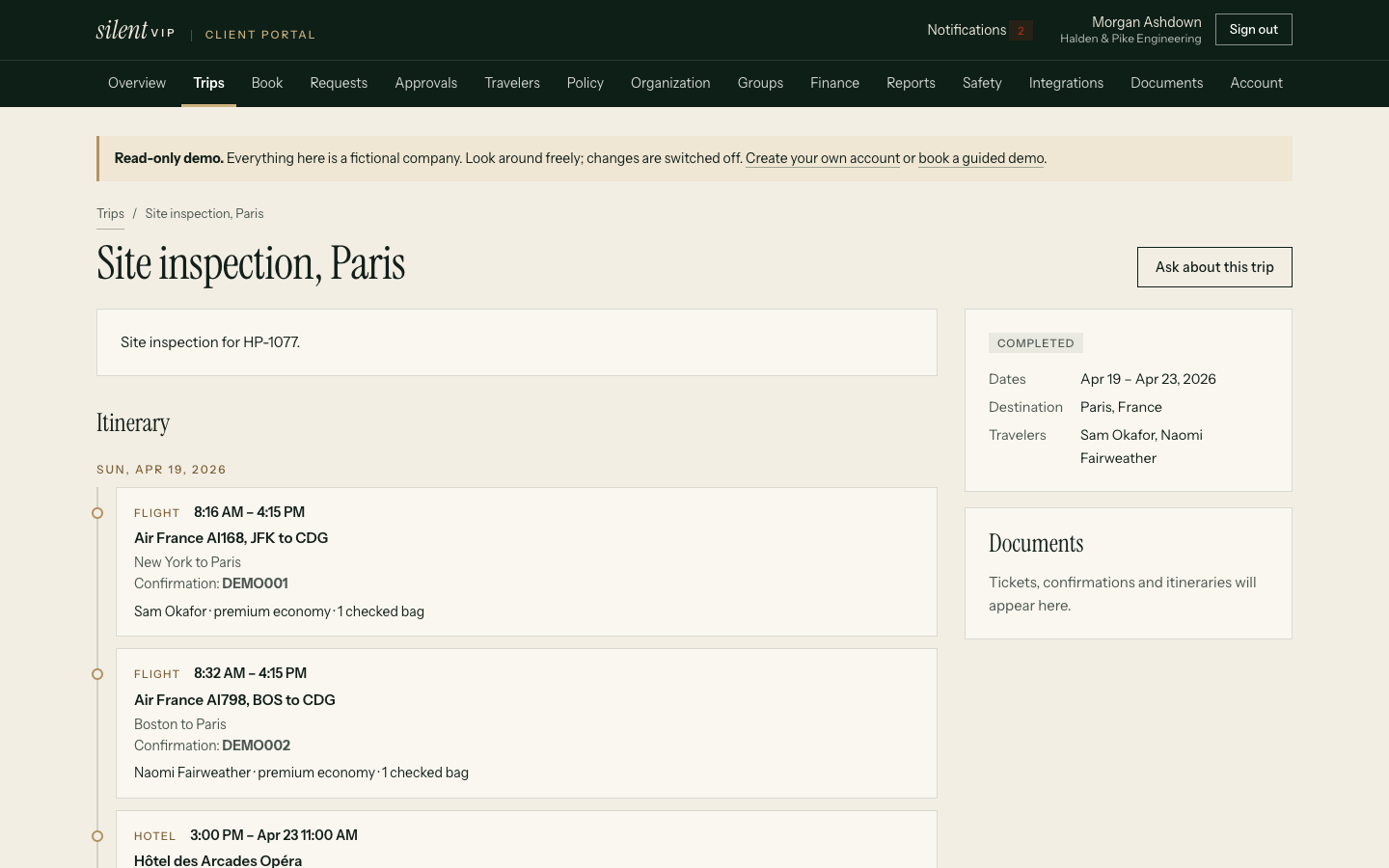 silentVIP portal: Site inspection, Paris, showing Itinerary, Sun, Apr 19, 2026, Documents. Demo data for a fictional company.