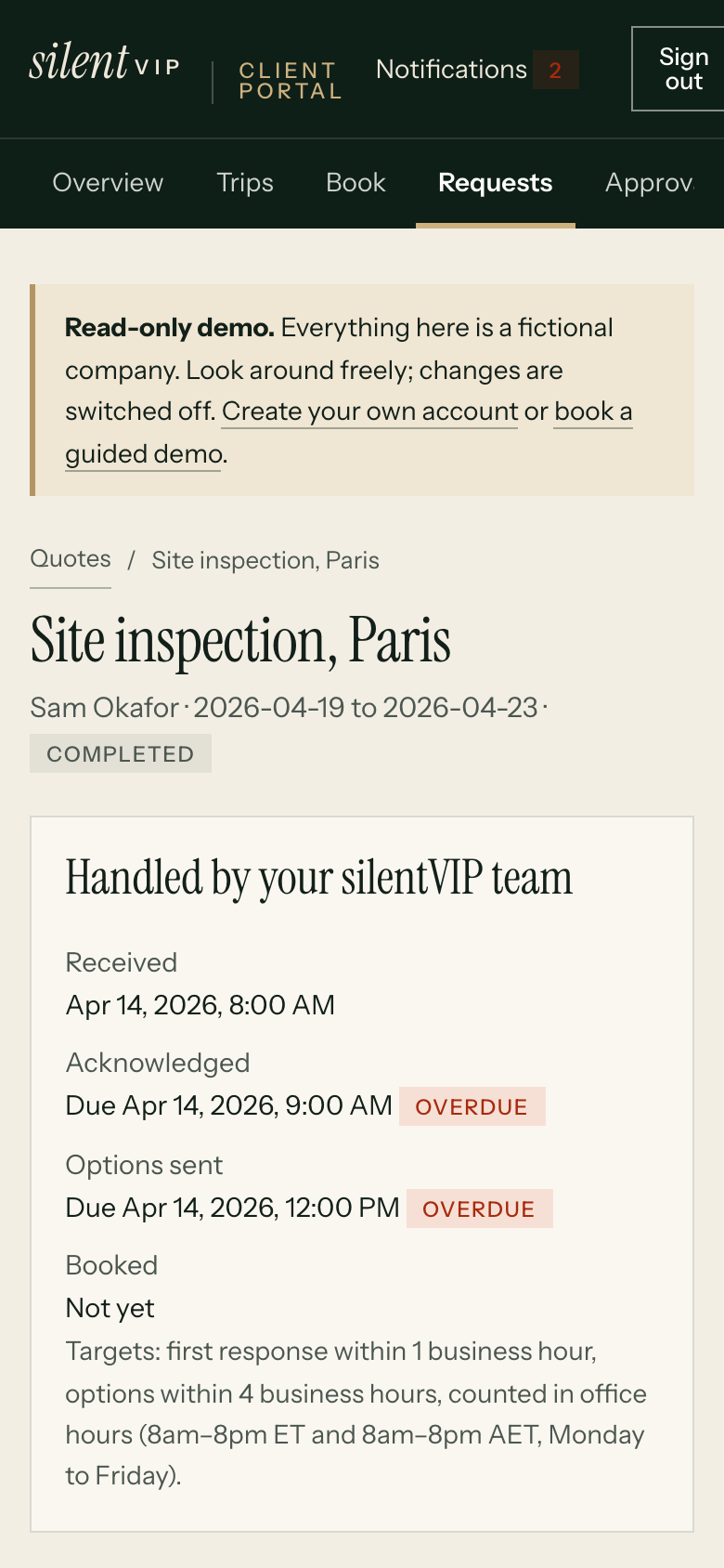 silentVIP portal on a phone: Site inspection, Paris, showing Handled by your silentVIP team. Demo data for a fictional company.
