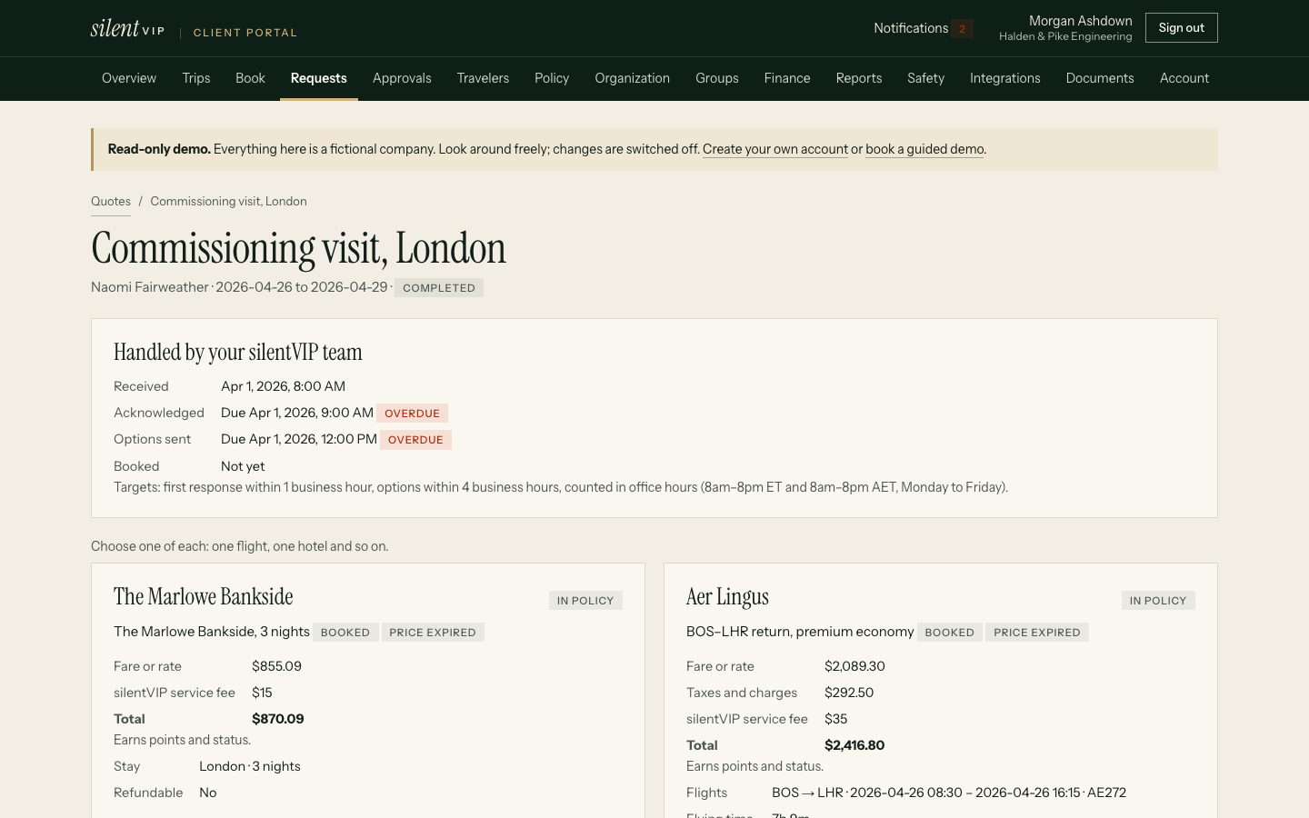 silentVIP portal: Commissioning visit, London, showing Handled by your silentVIP team, The Marlowe Bankside, Aer Lingus. Demo data for a fictional company.