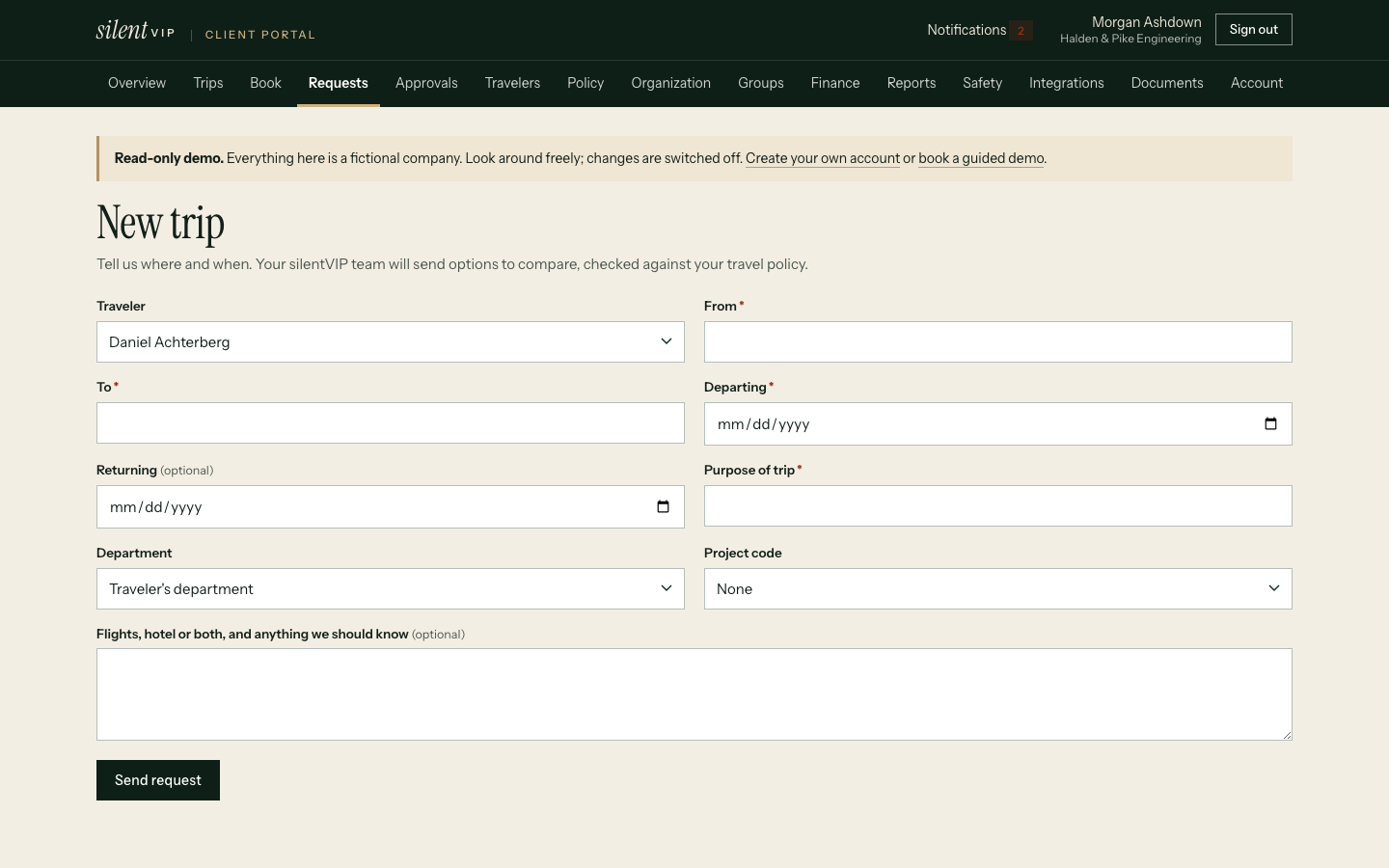 silentVIP portal: New trip. Demo data for a fictional company.