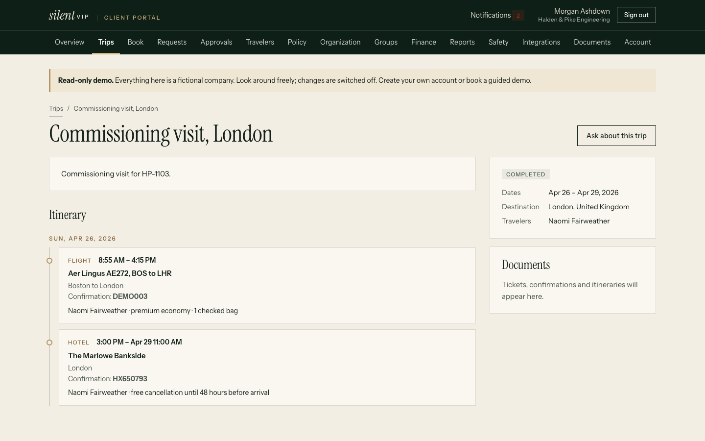 silentVIP portal: Commissioning visit, London, showing Itinerary, Sun, Apr 26, 2026, Documents. Demo data for a fictional company.