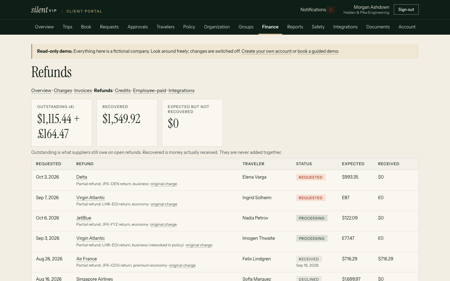 silentVIP portal: Refunds, showing Requested, Refund, Traveler, Status, Expected. Demo data for a fictional company.