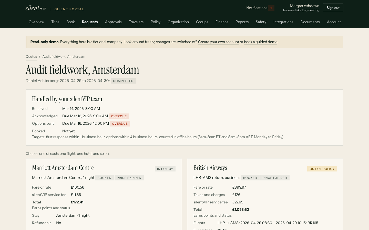 silentVIP portal: Audit fieldwork, Amsterdam, showing Handled by your silentVIP team, Marriott Amsterdam Centre, British Airways. Demo data for a fictional company.