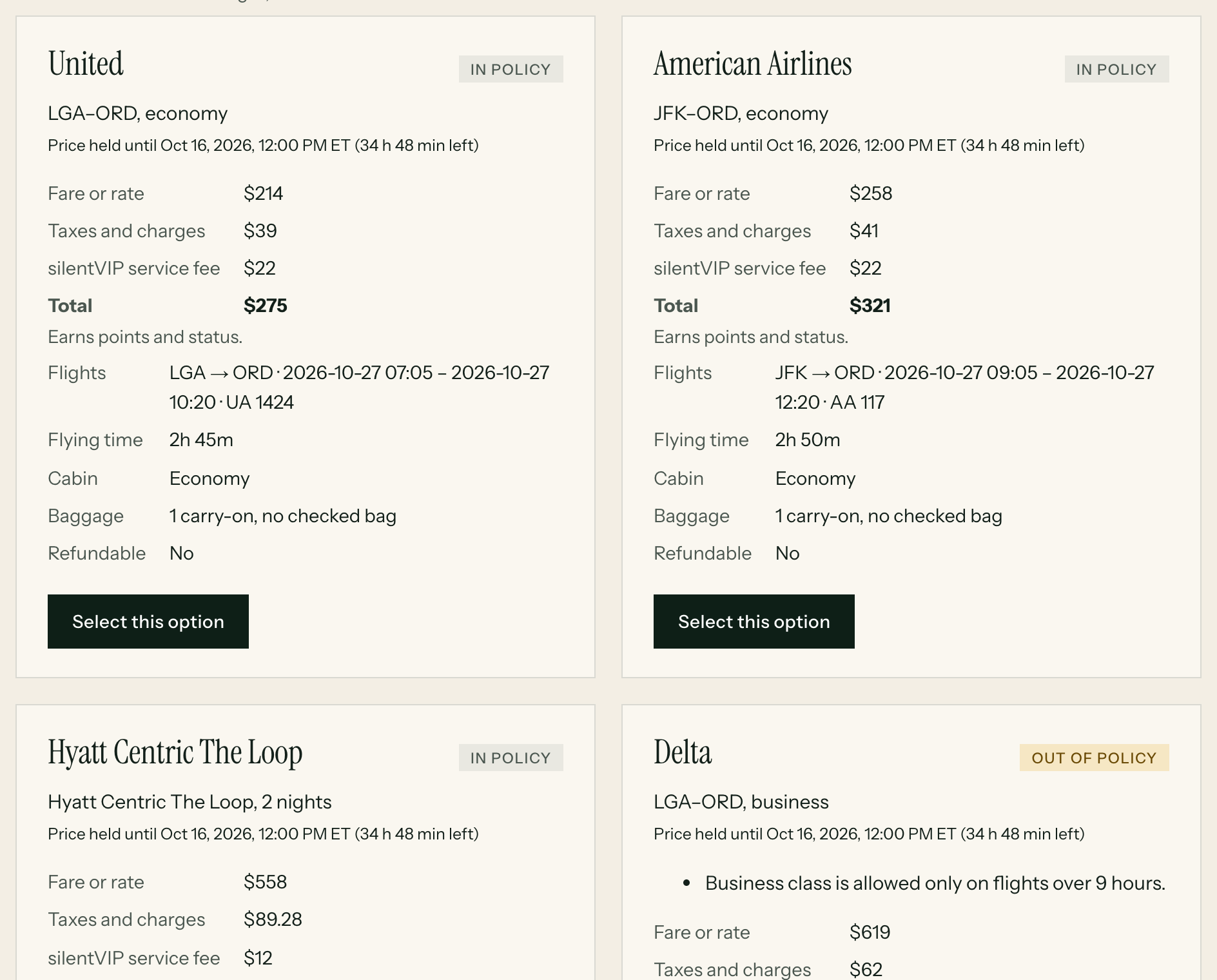 Close-up of the silentVIP portal (Client workshop, Chicago): United, In policy, Fare or rate, Taxes and charges, silentVIP service fee, Total. Demo data for a fictional company.