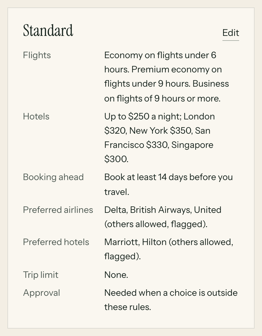 Close-up of the silentVIP portal (Travel policy): Standard, Flights, Hotels, Booking ahead, Preferred airlines, Preferred hotels. Demo data for a fictional company.