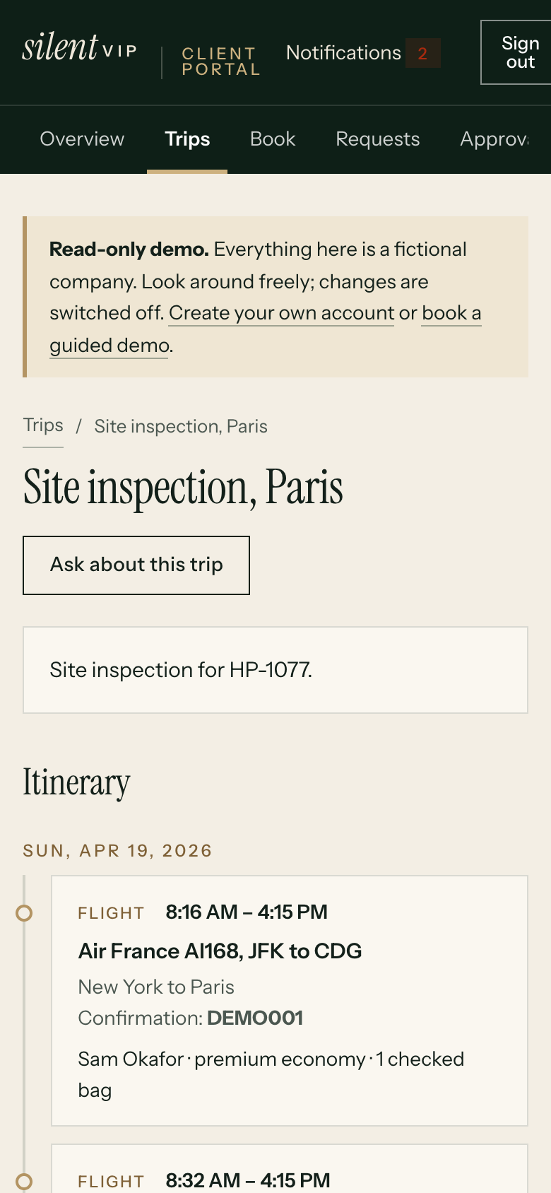 silentVIP portal on a phone: Site inspection, Paris, showing Itinerary, Sun, Apr 19, 2026. Demo data for a fictional company.