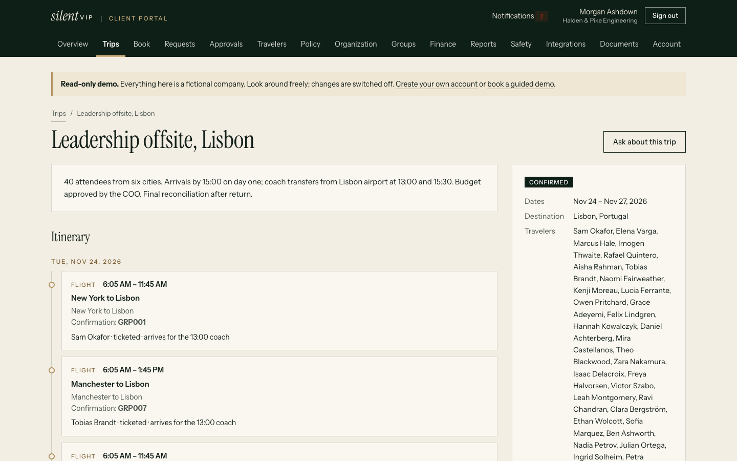 silentVIP portal: Leadership offsite, Lisbon, showing Itinerary, Tue, Nov 24, 2026. Demo data for a fictional company.