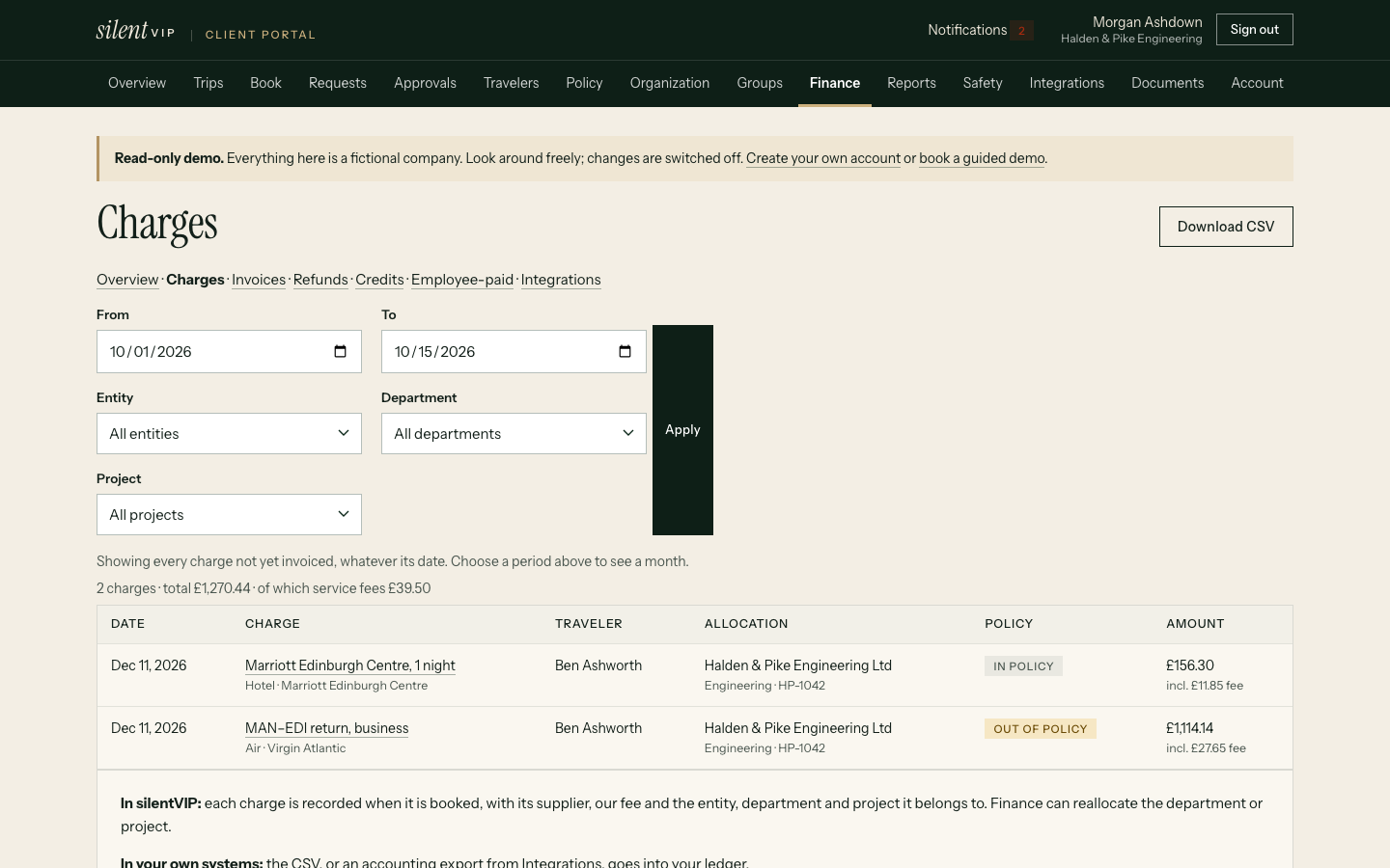 silentVIP portal: Charges, showing Date, Charge, Traveler, Allocation, Policy. Demo data for a fictional company.