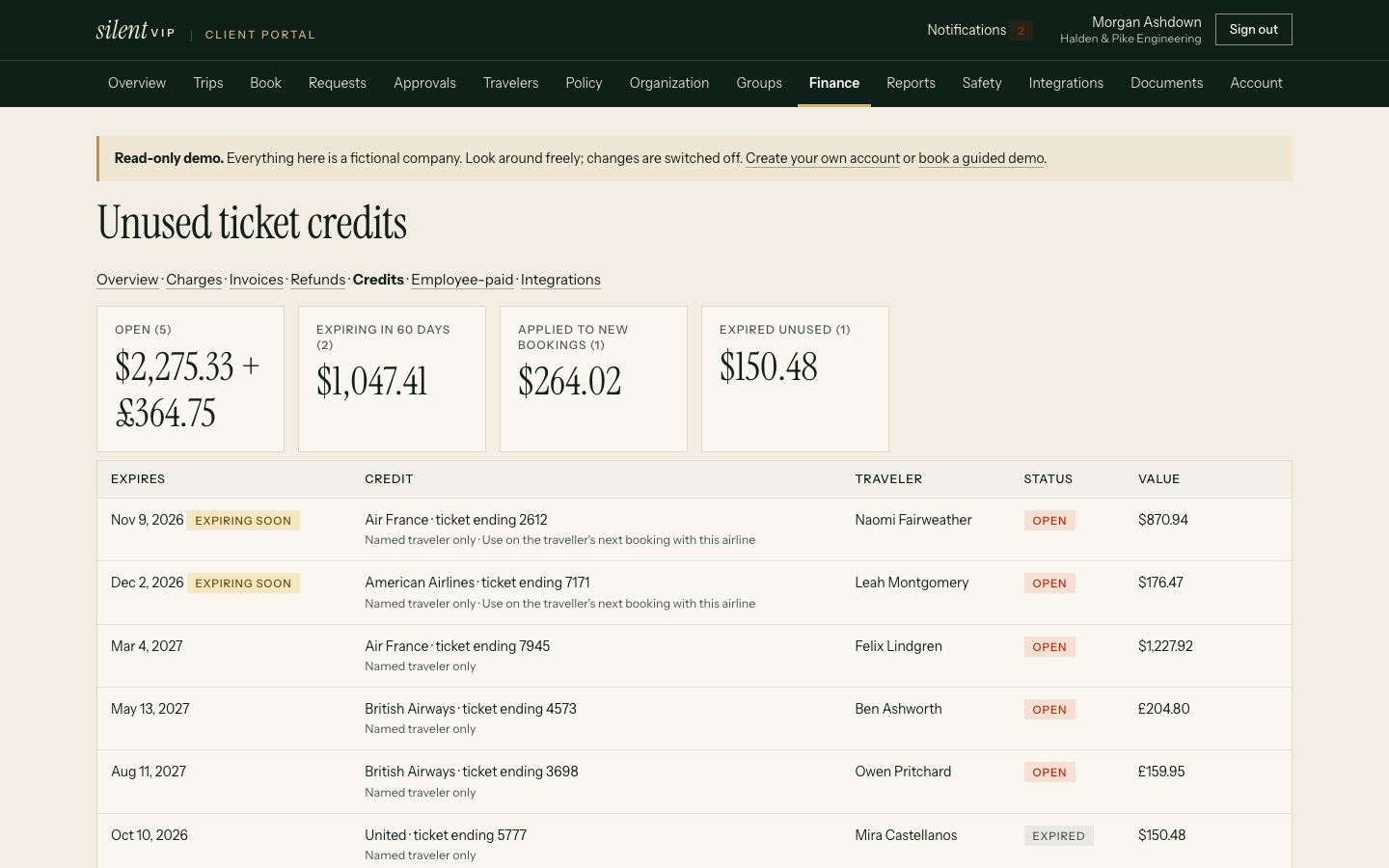 silentVIP portal: Unused ticket credits, showing Expires, Credit, Traveler, Status, Value. Demo data for a fictional company.