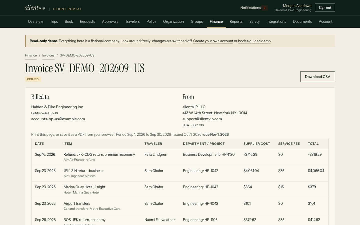 silentVIP portal: Invoice SV-DEMO-202609-US, showing Billed to, From, Date, Item, Traveler. Demo data for a fictional company.