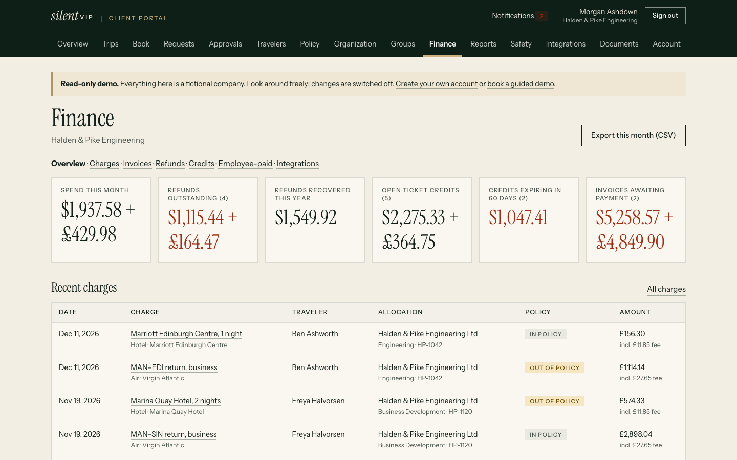 silentVIP portal: Finance, showing Recent charges, Date, Charge, Traveler, Allocation. Demo data for a fictional company.