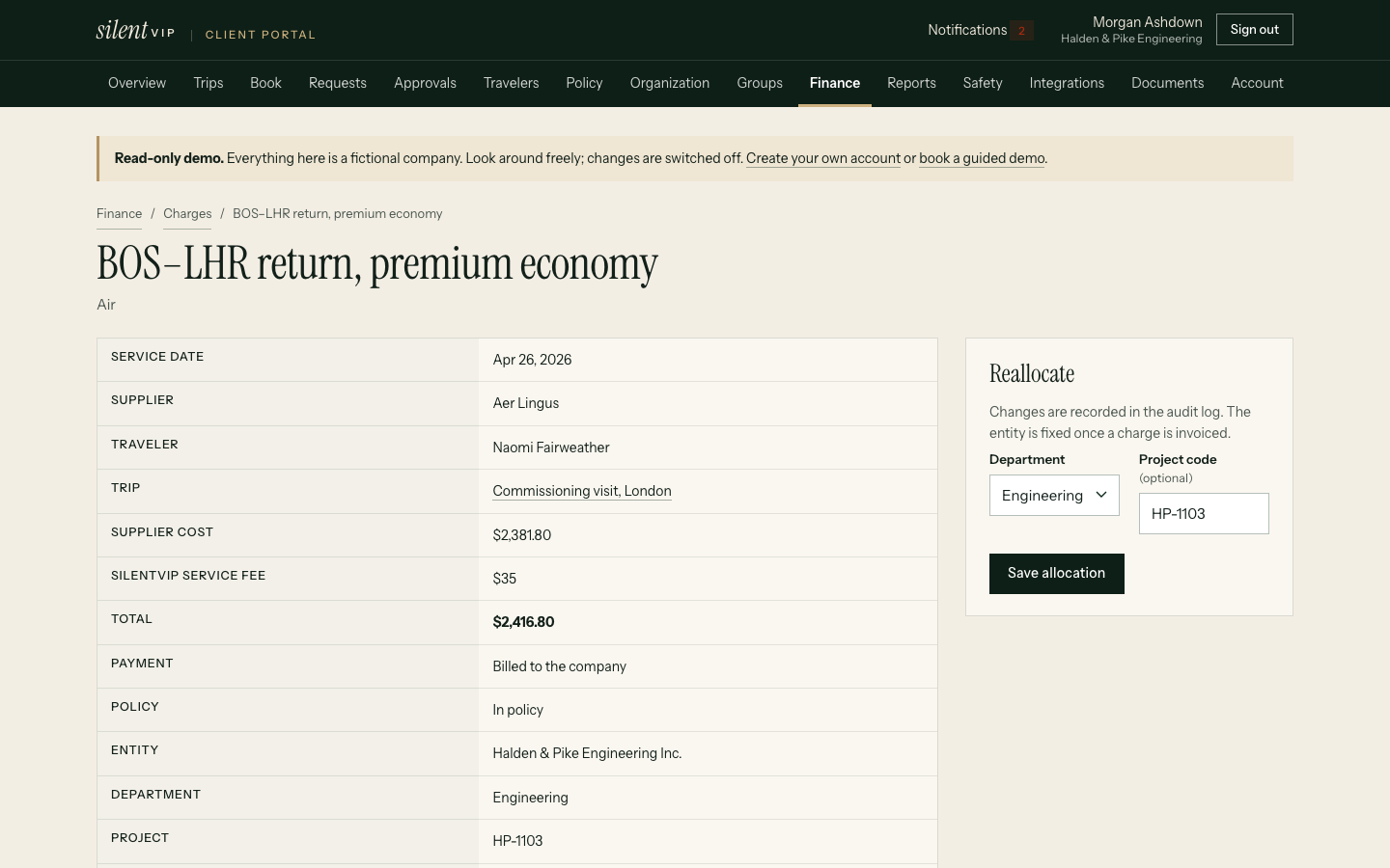 silentVIP portal: BOS–LHR return, premium economy, showing Service date, Supplier, Traveler, Trip, Supplier cost. Demo data for a fictional company.