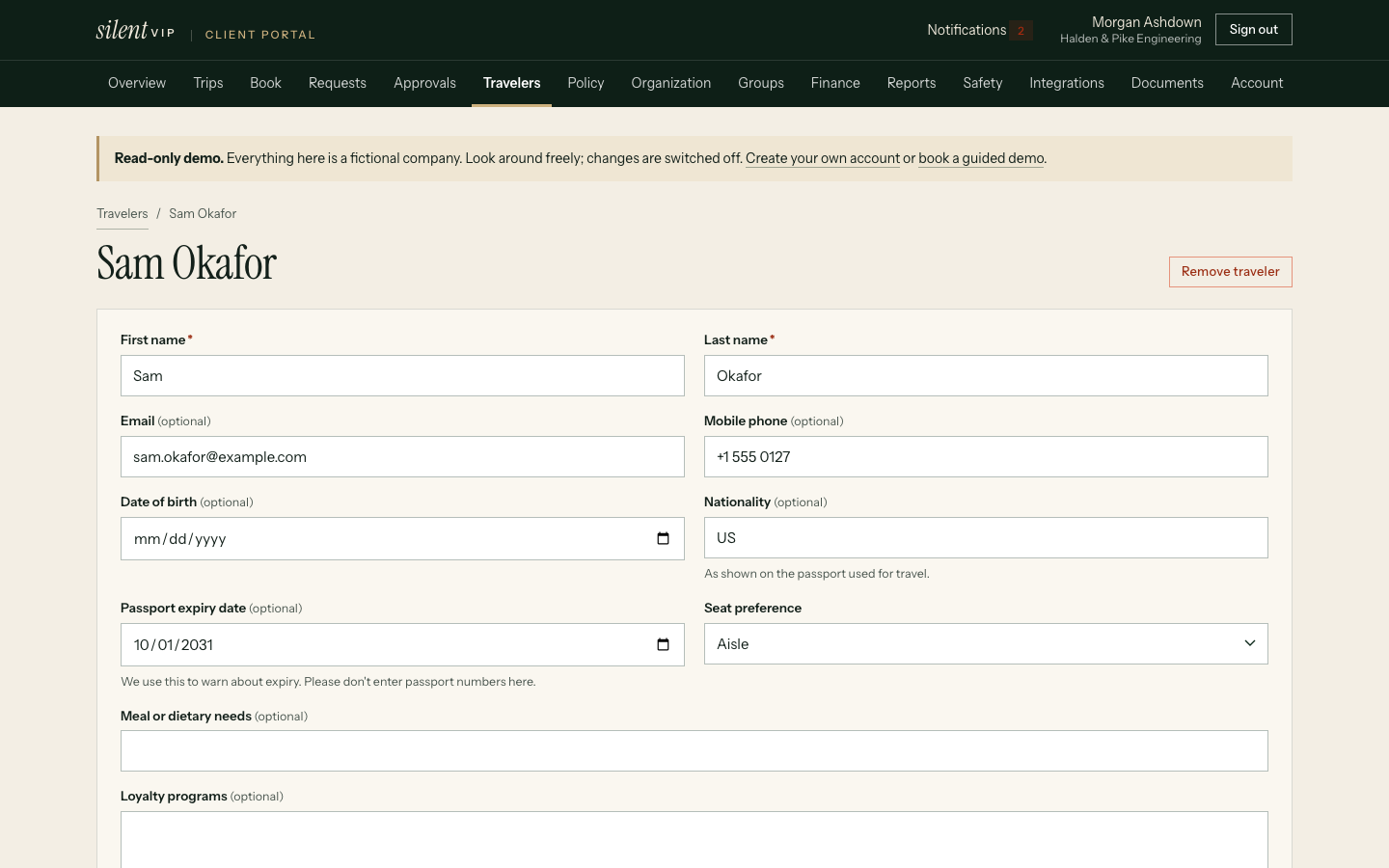 silentVIP portal: Sam Okafor. Demo data for a fictional company.
