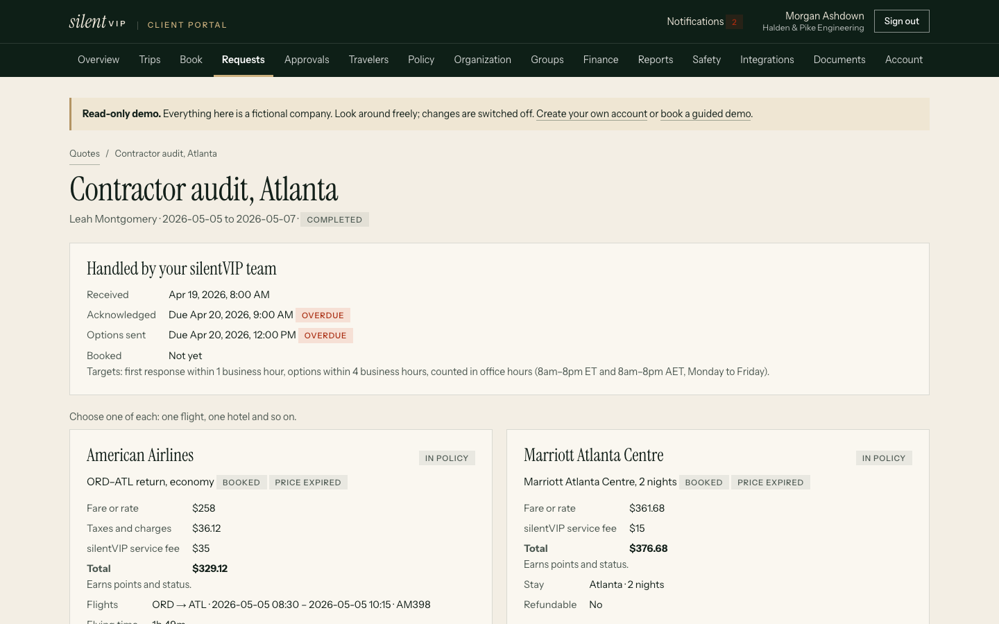 silentVIP portal: Contractor audit, Atlanta, showing Handled by your silentVIP team, American Airlines, Marriott Atlanta Centre. Demo data for a fictional company.