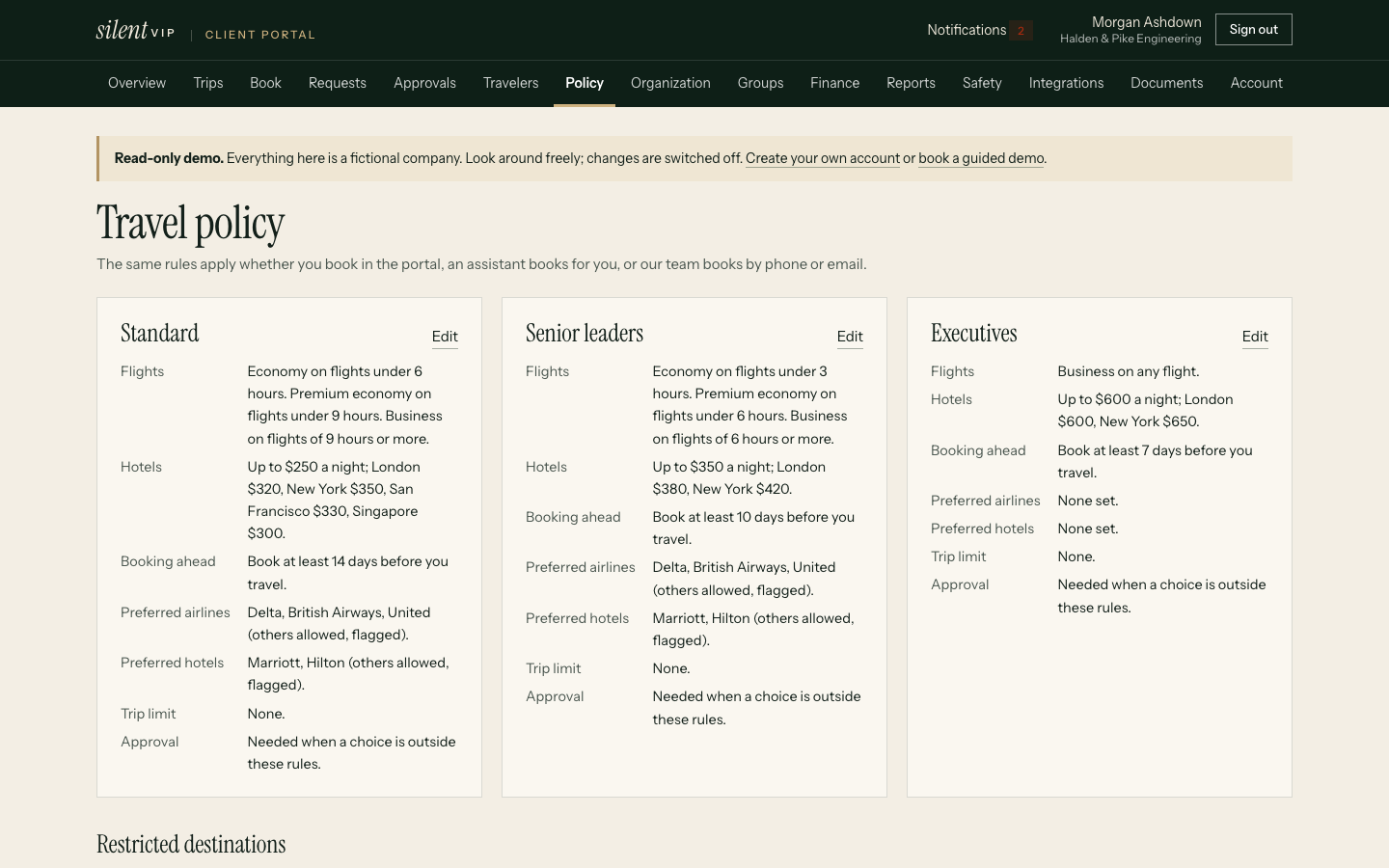 silentVIP portal: Travel policy, showing Standard, Senior leaders, Executives, Restricted destinations. Demo data for a fictional company.