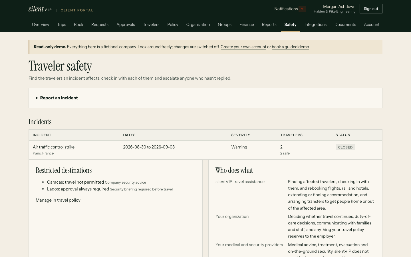 silentVIP portal: Traveler safety, showing Incidents, Incident, Dates, Severity, Travelers. Demo data for a fictional company.